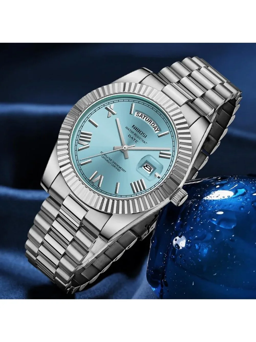 Nibosi Men's Silver Mint Blue Analog Quartz Stainless Waterproof Desiger Watch